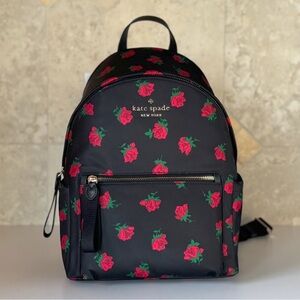 Kate Spade Black Backpack with Red Floral Design